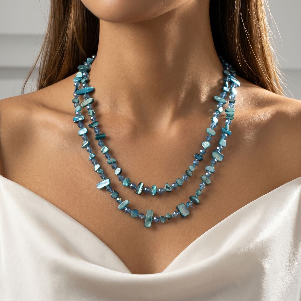Boho Layered Blue Shell Chip Necklace