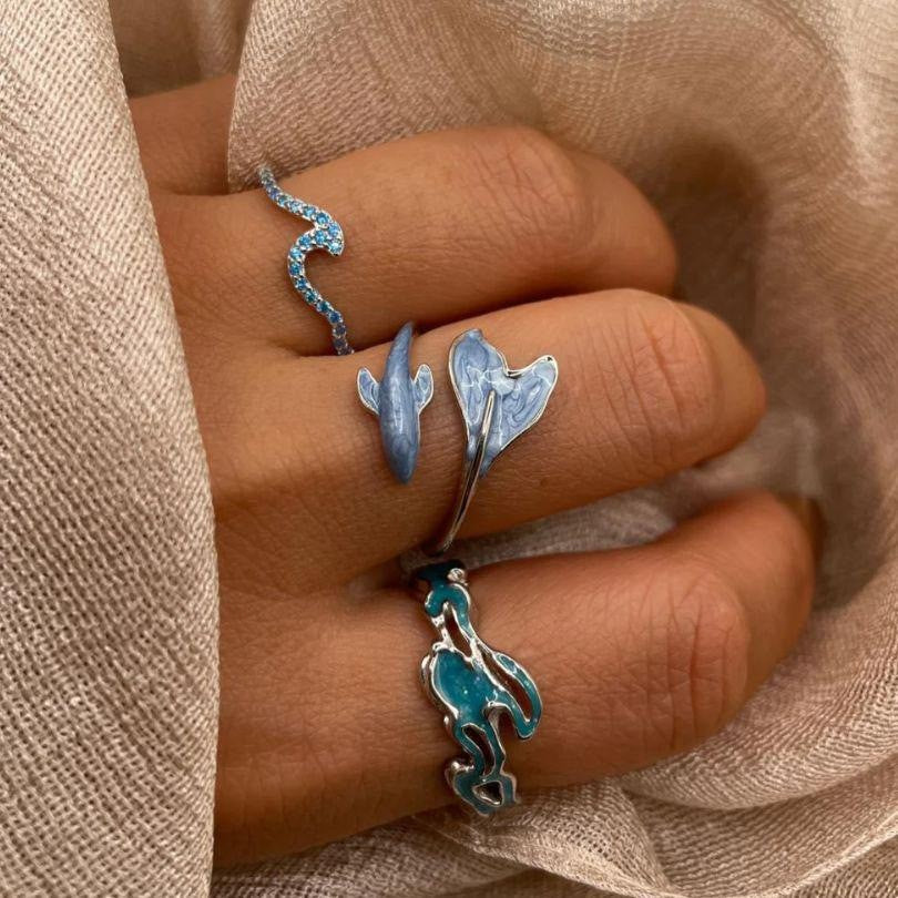 Dainty Ocean Wave & Dolphin Ring Set