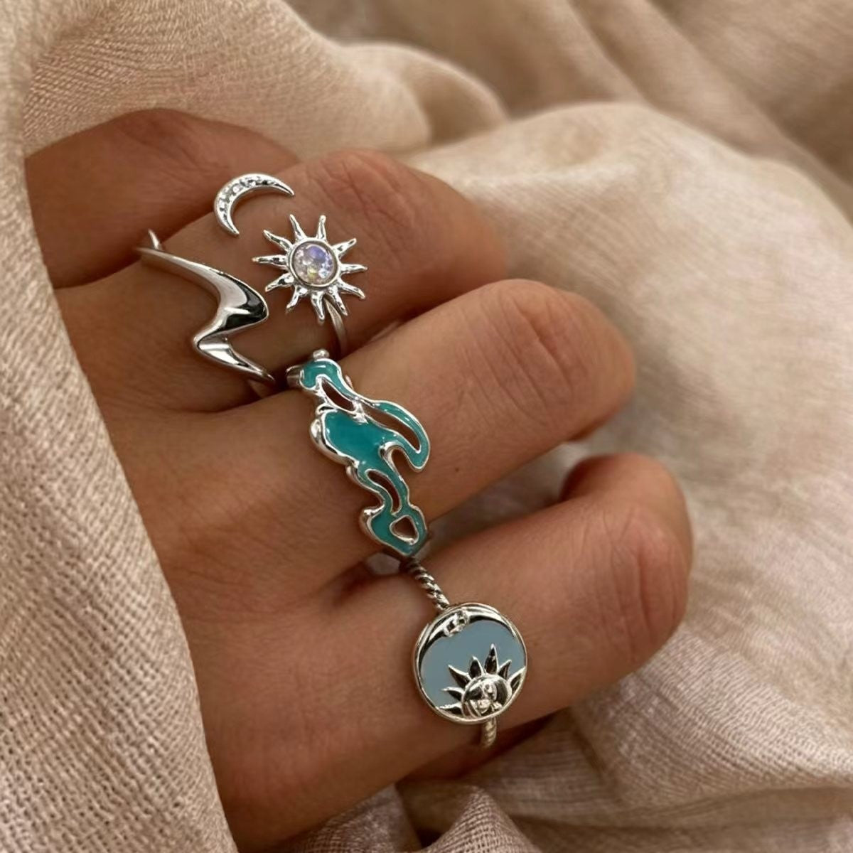 Dainty Ocean Wave & Dolphin Ring Set