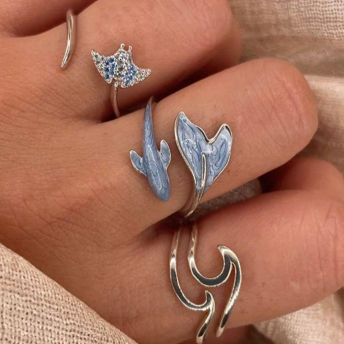 Dainty Ocean Wave & Dolphin Ring Set