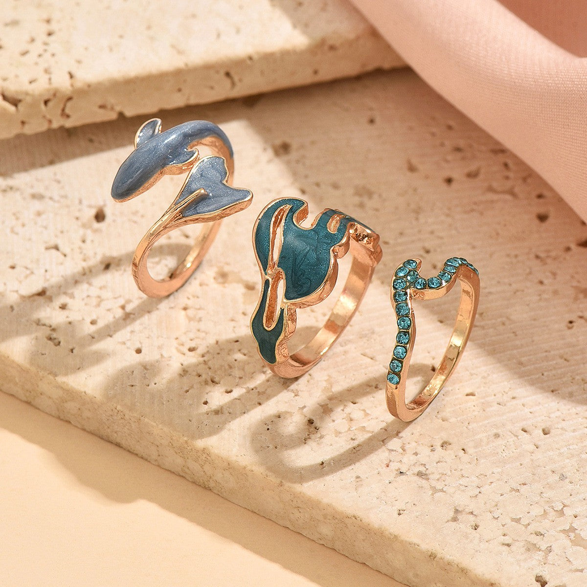 Dainty Ocean Wave & Dolphin Ring Set