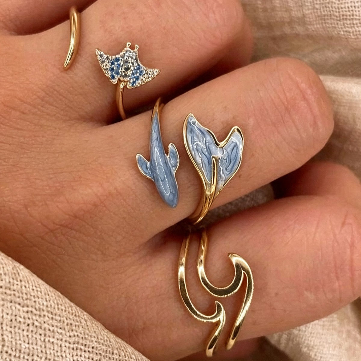 Dainty Ocean Wave & Dolphin Ring Set