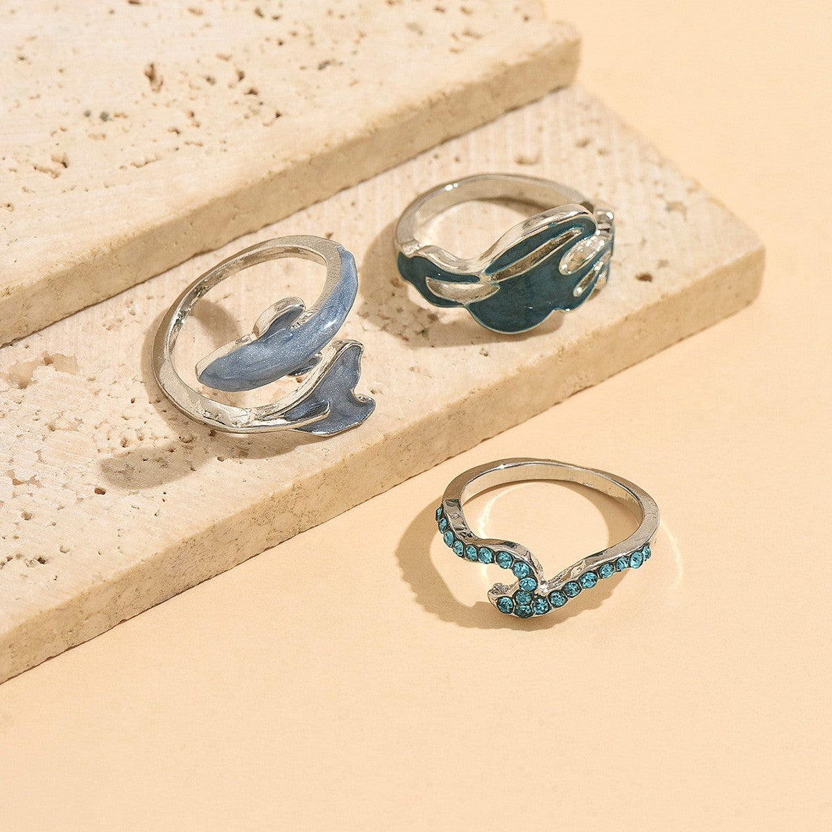 Dainty Ocean Wave & Dolphin Ring Set