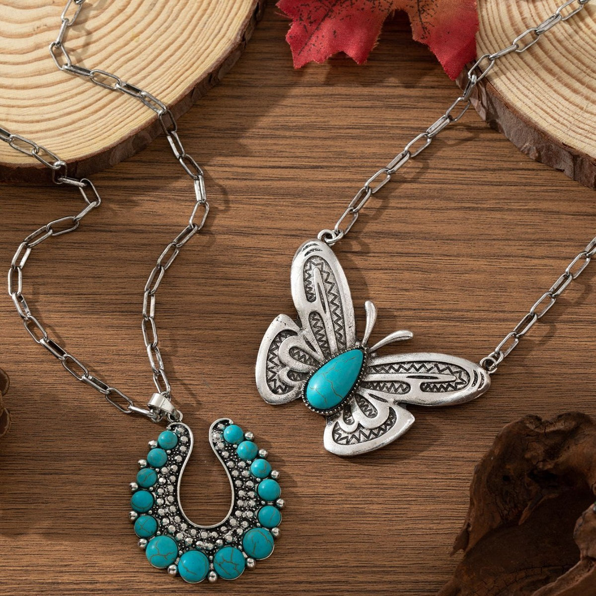 Boho Vintage Turquoise Butterfly & Horseshoe Necklace Set