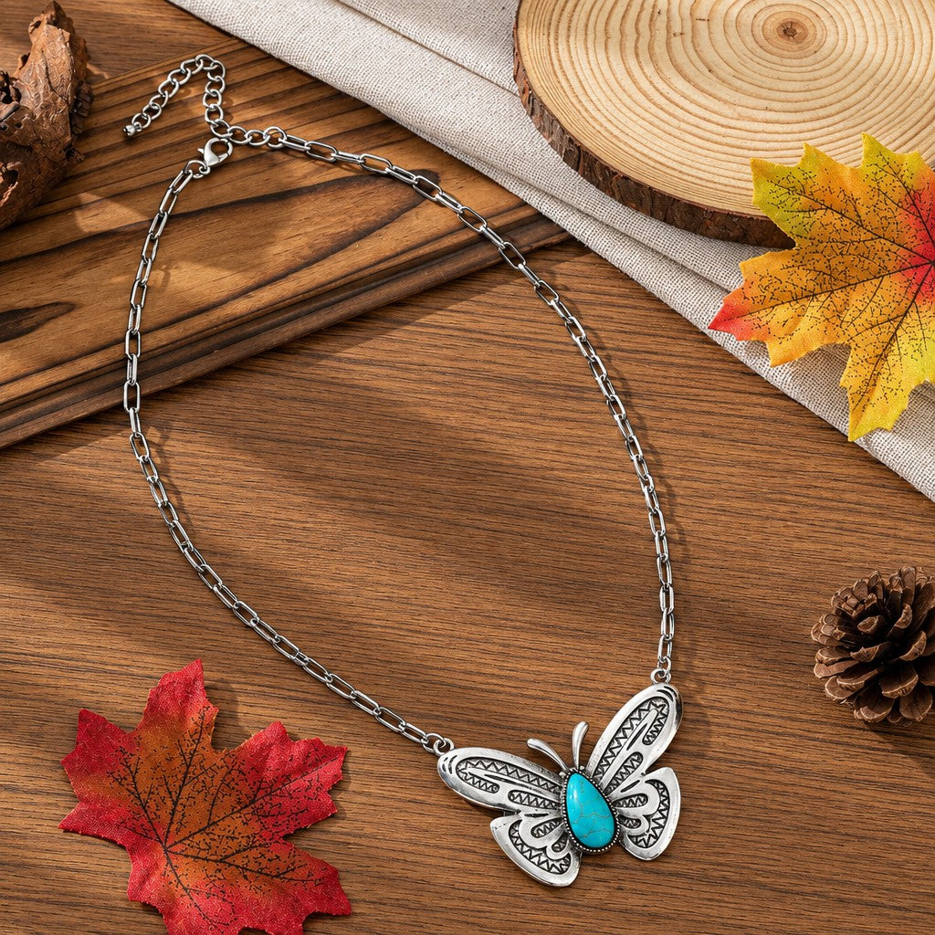 Boho Vintage Turquoise Butterfly & Horseshoe Necklace Set