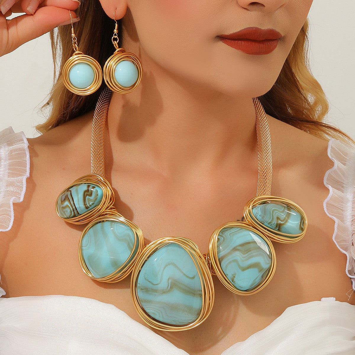 Elegant Marbled Stone Necklace & Earring Set