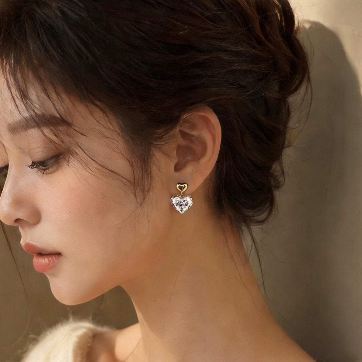 Dainty Two-Tone Sequin Heart Earrings
