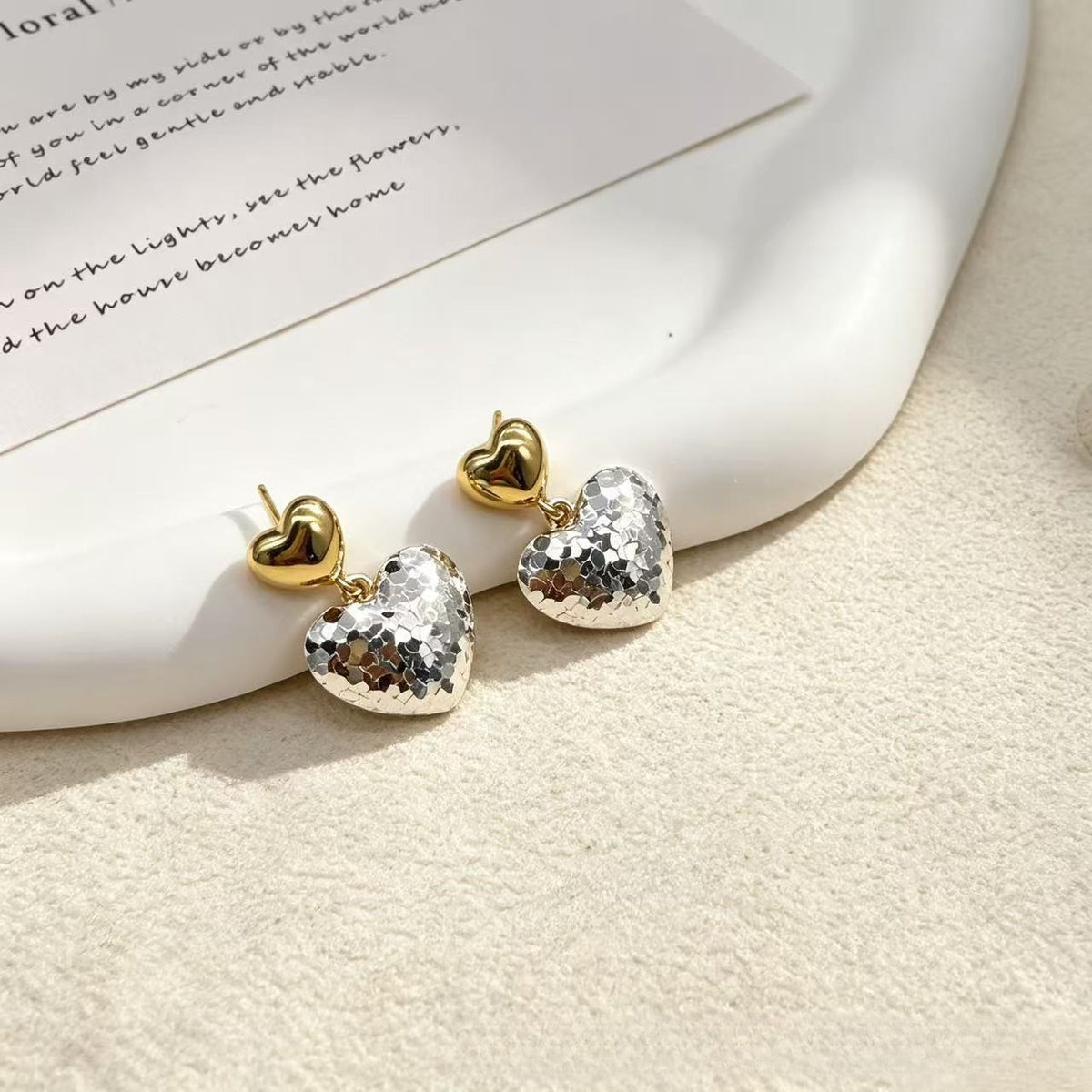 Dainty Two-Tone Sequin Heart Earrings