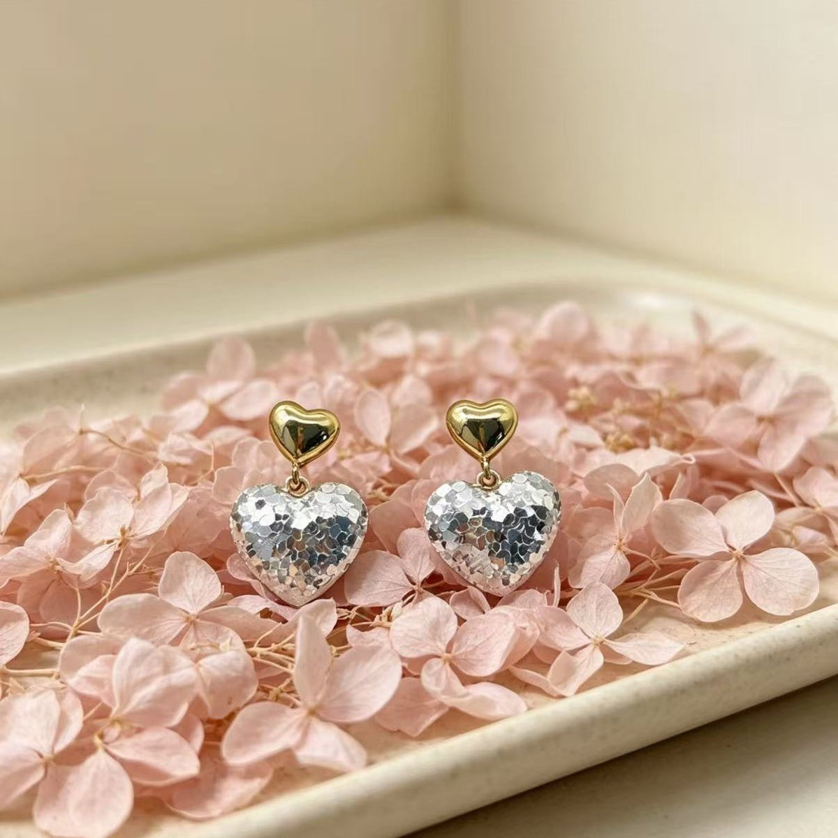Dainty Two-Tone Sequin Heart Earrings