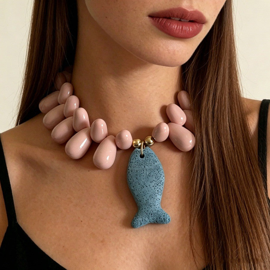 Romantic Pink Bead Lava Fish Necklace