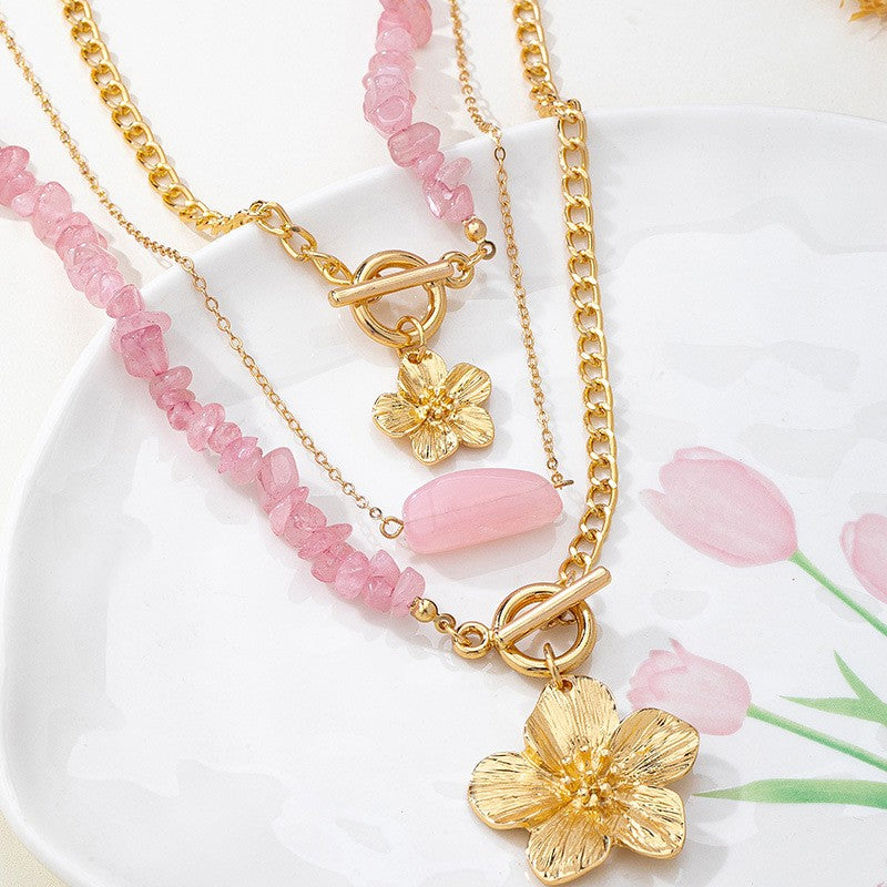 Romantic Pink Stone Flower Necklace
