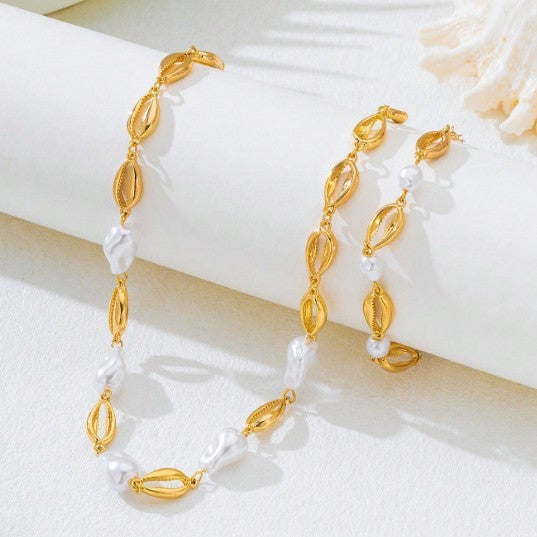 Elegant Faux Pearl Link Necklace and Bracelet Set