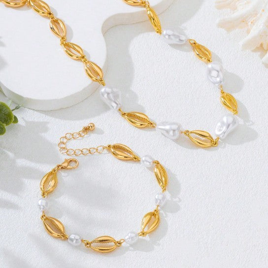Elegant Faux Pearl Link Necklace and Bracelet Set
