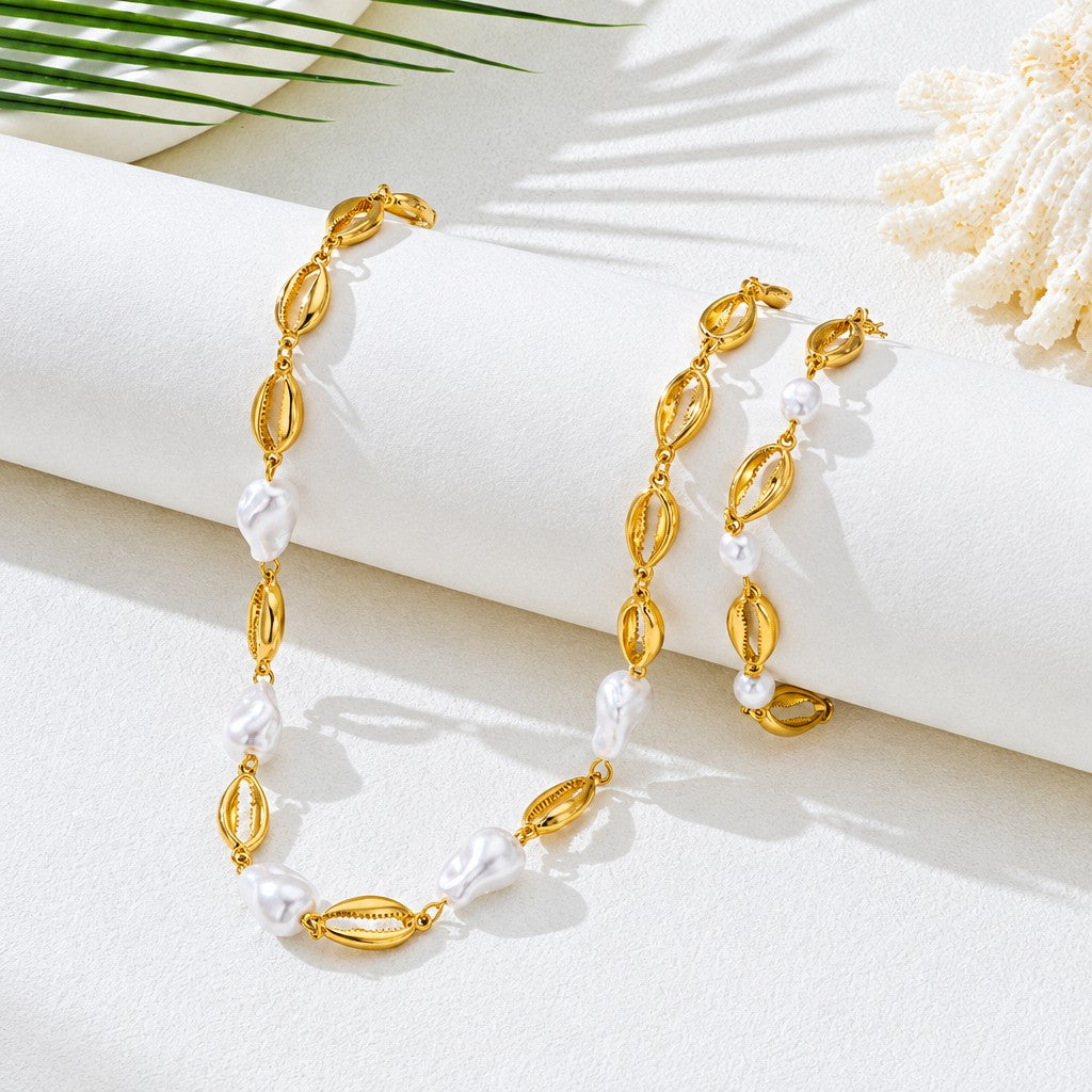 Elegant Faux Pearl Link Necklace and Bracelet Set