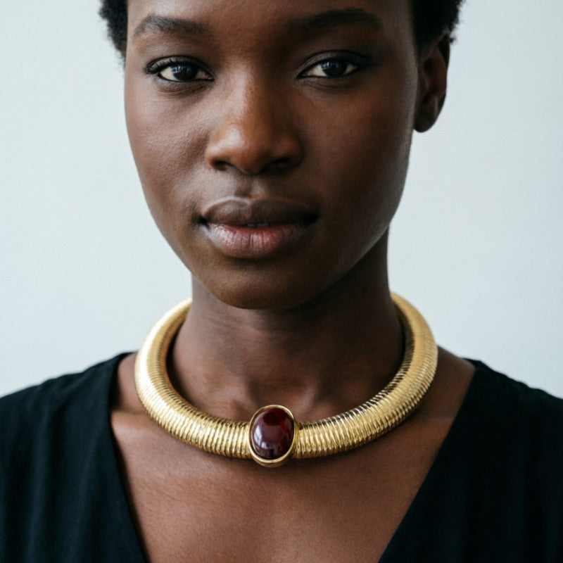 Classy Wide Snake Chain Oval Gem Collar Necklace