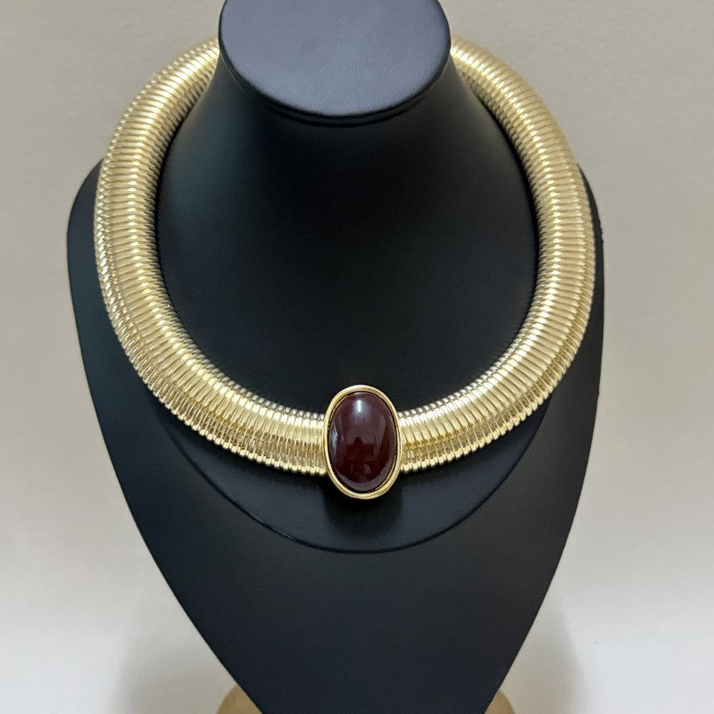 Classy Wide Snake Chain Oval Gem Collar Necklace