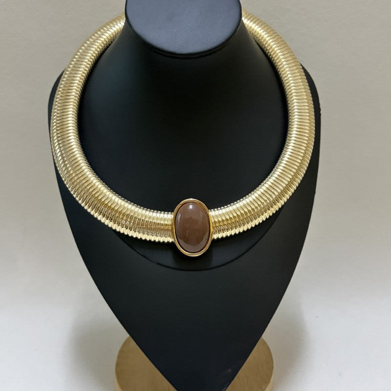 Classy Wide Snake Chain Oval Gem Collar Necklace