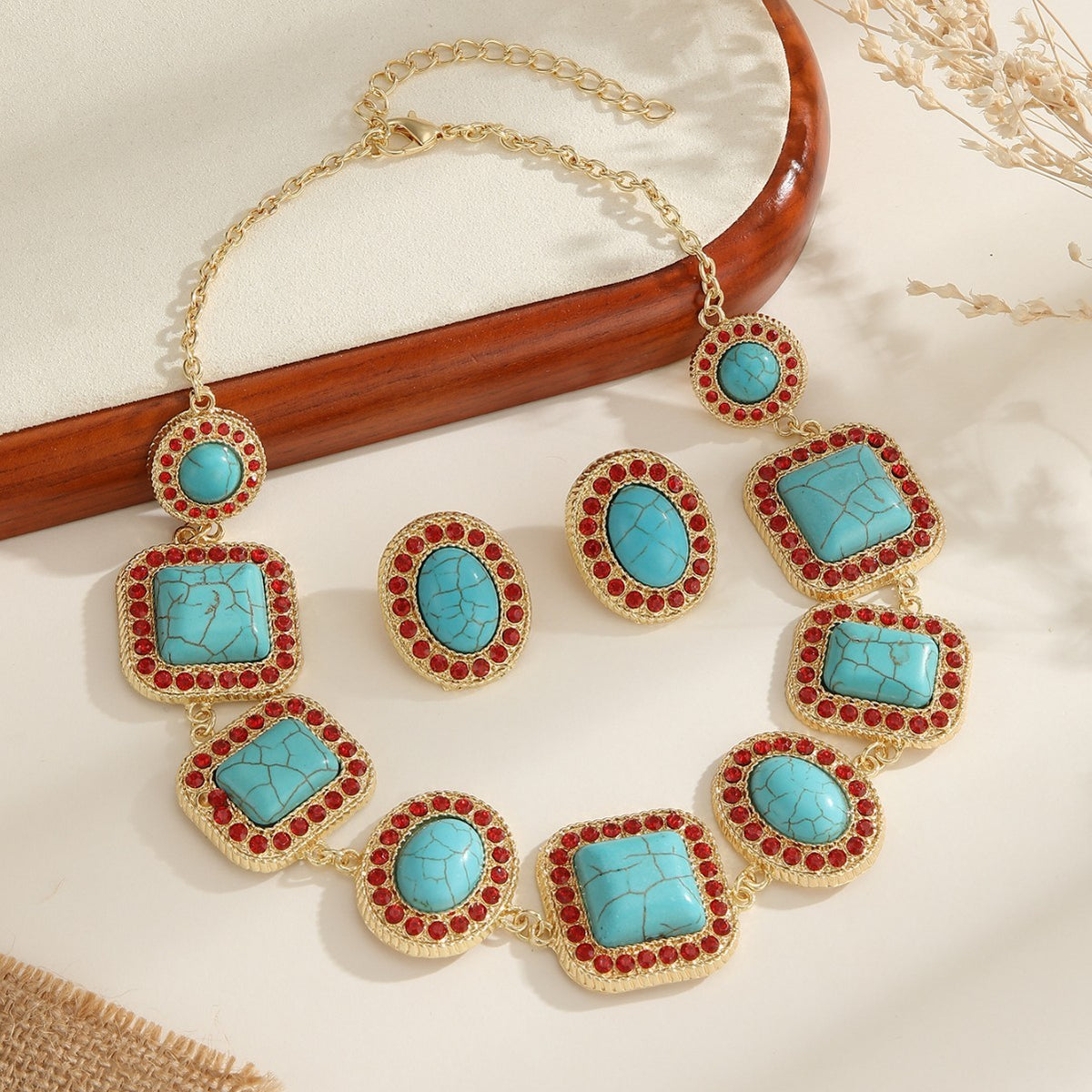 Vintage Turquoise Geometric Necklace and Earring Set