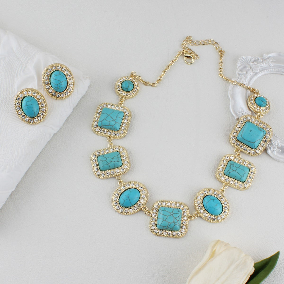 Vintage Turquoise Geometric Necklace and Earring Set