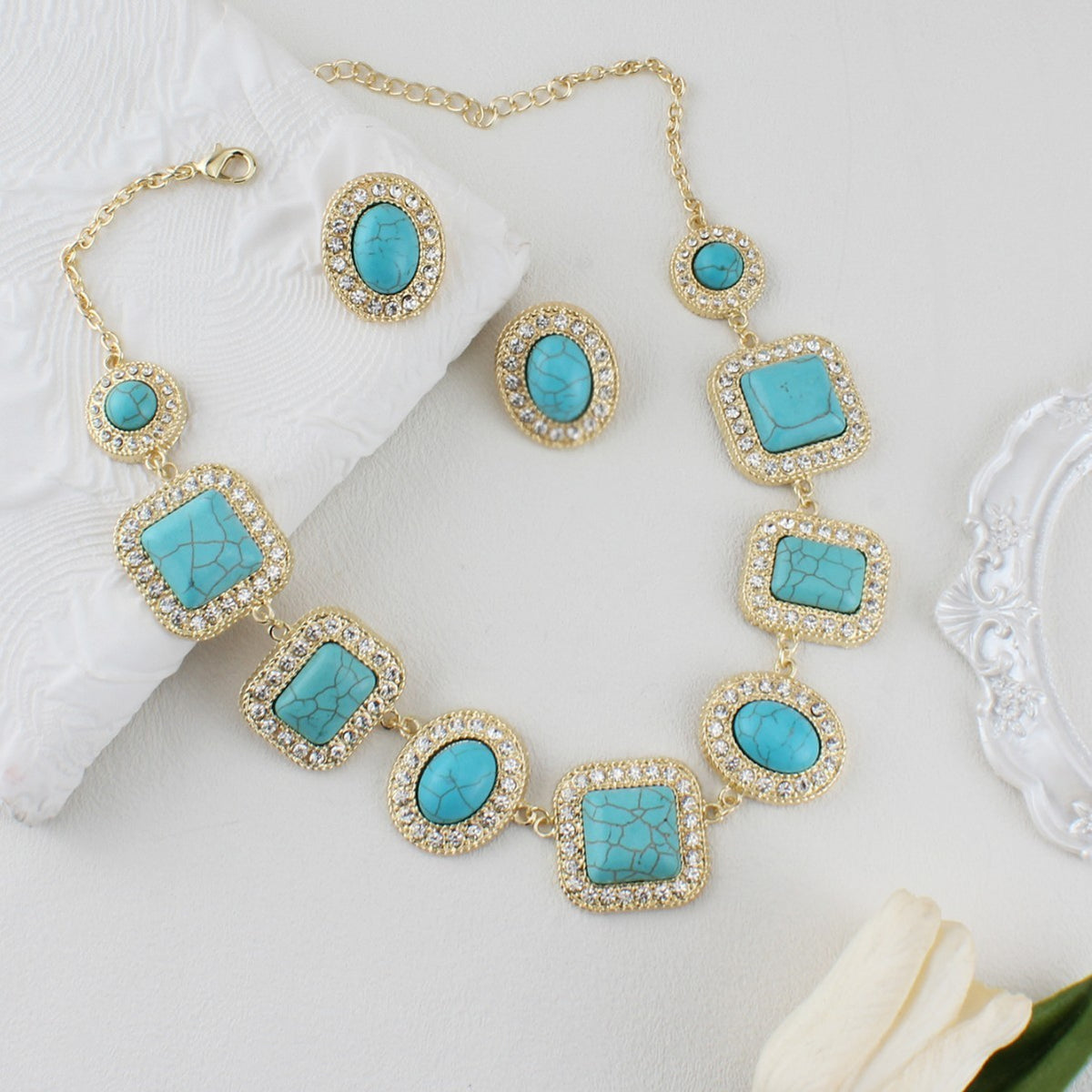 Vintage Turquoise Geometric Necklace and Earring Set