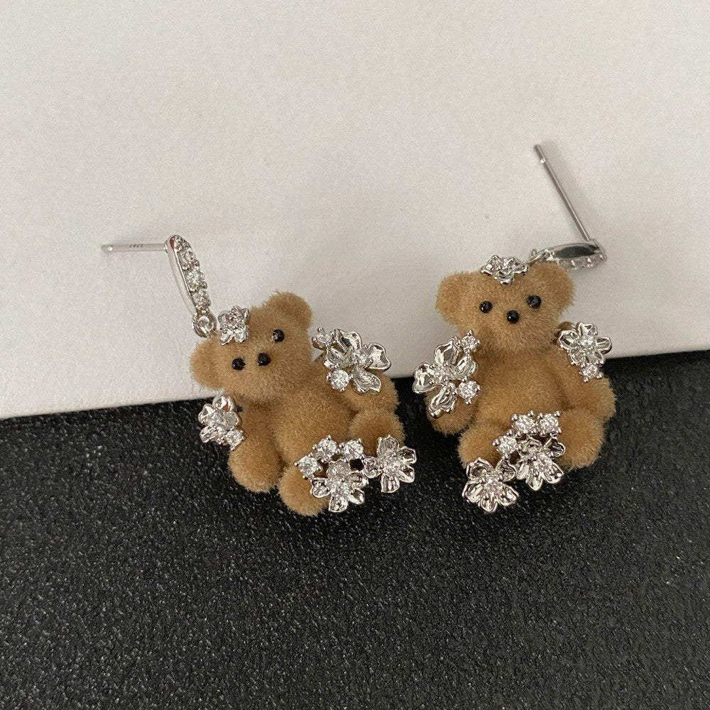 Romantic Flocked Bear Flower Stud Earrings