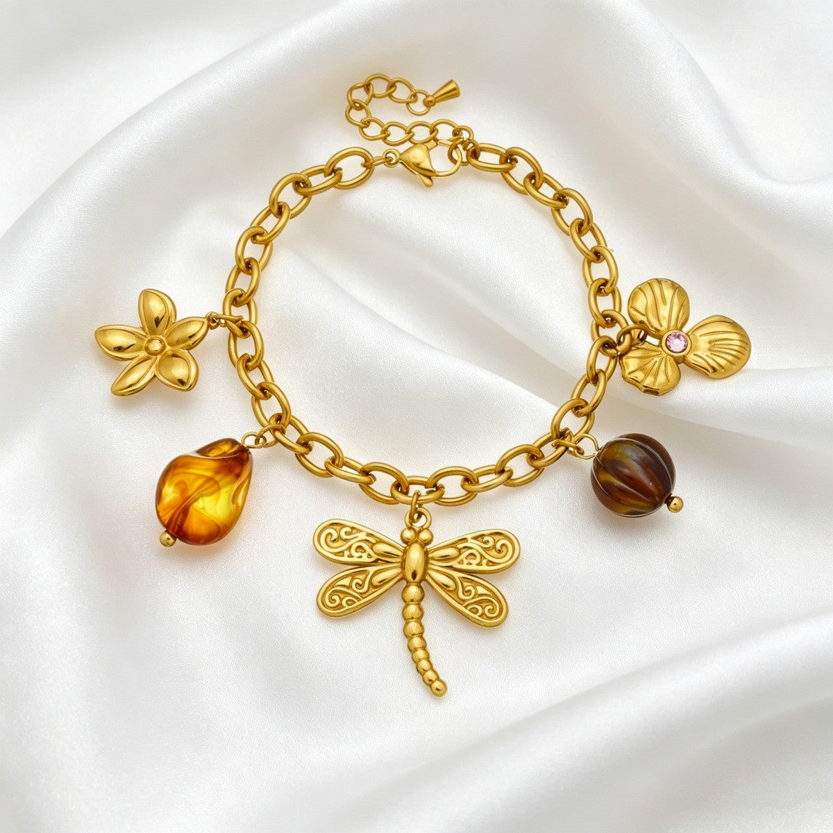 Boho Dragonfly & Amber Floral Charm Bracelet