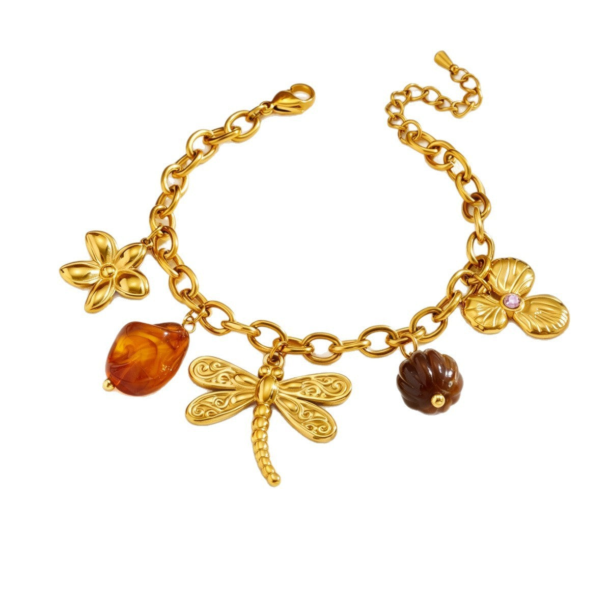 Boho Dragonfly & Amber Floral Charm Bracelet