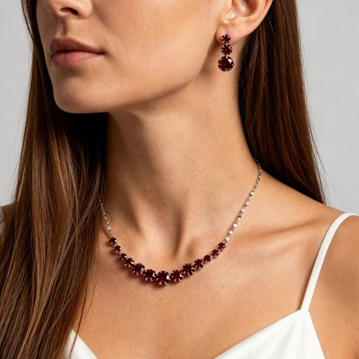 Romantic Red Round Rhinestone Necklace & Earring Set