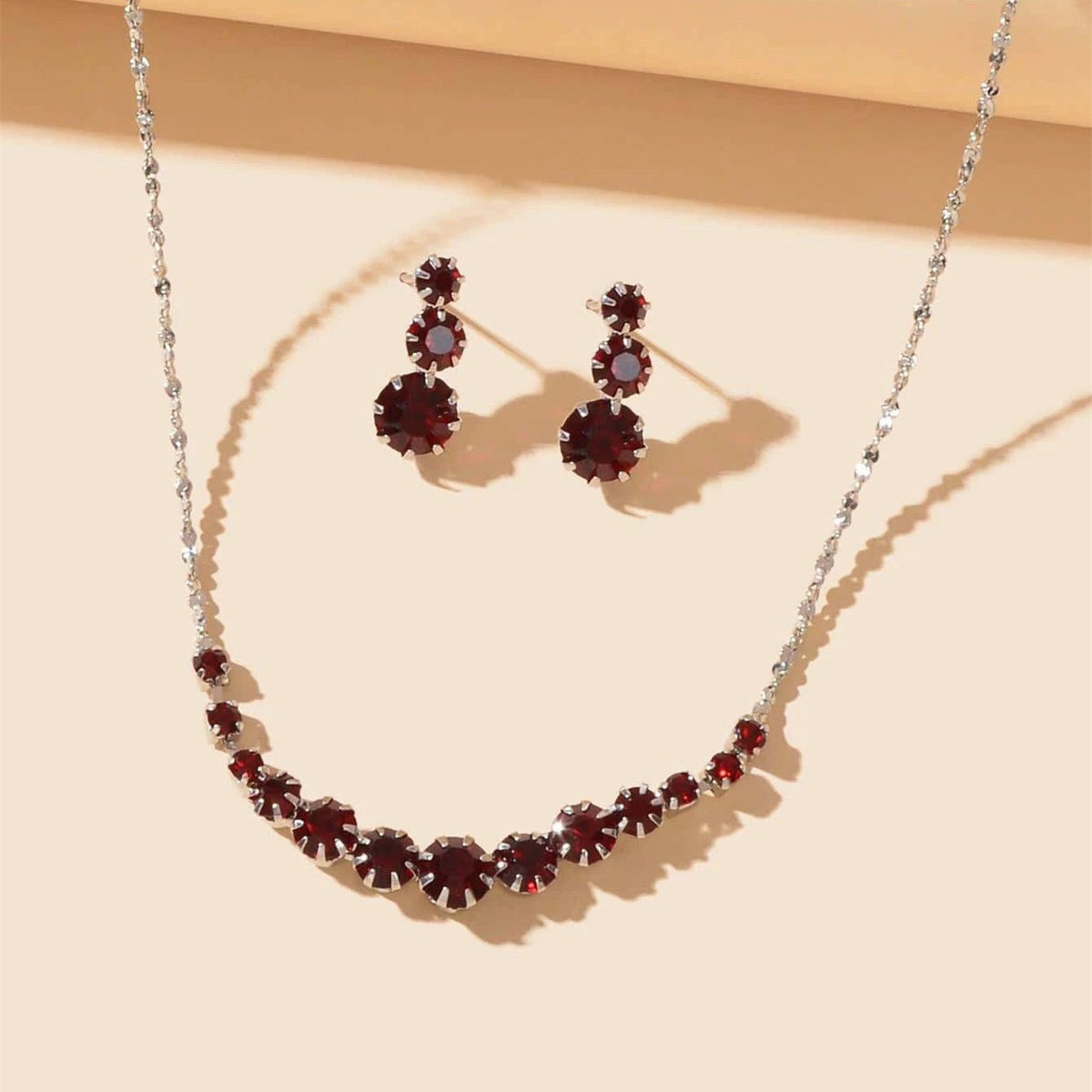 Romantic Red Round Rhinestone Necklace & Earring Set