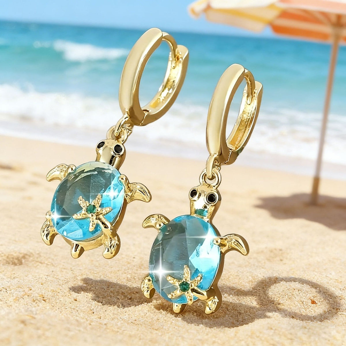 Dainty Blue Sea Turtle Huggie Earrings