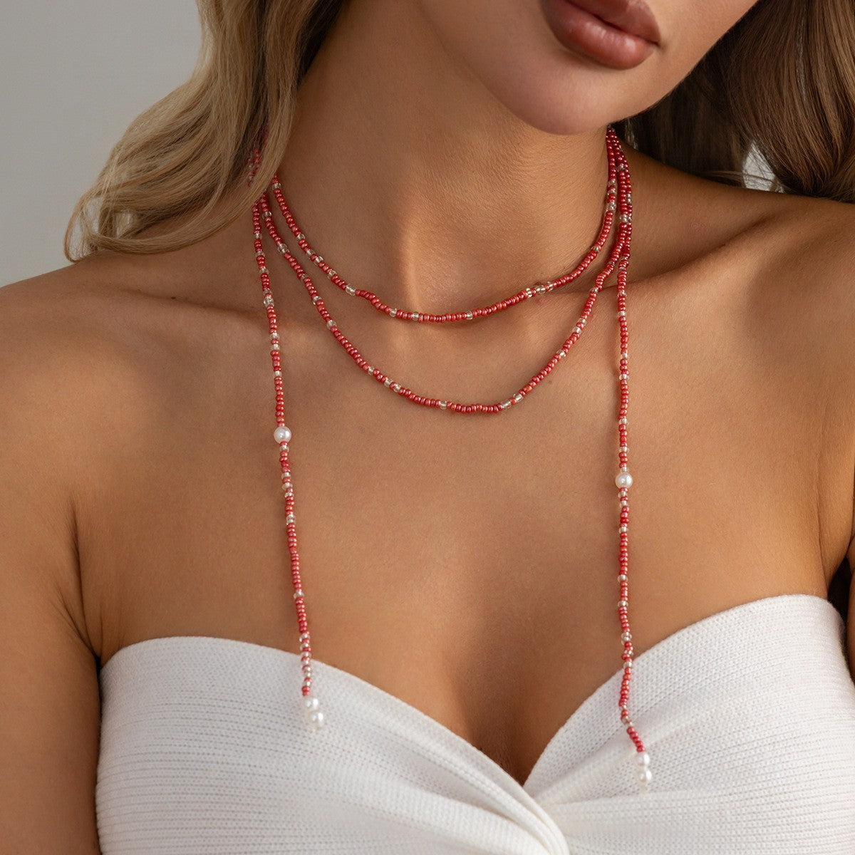 Boho Red Seed Bead Faux Pearl Y-Necklace