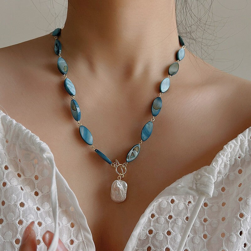 Boho Blue Marbled Oval Bead Necklace