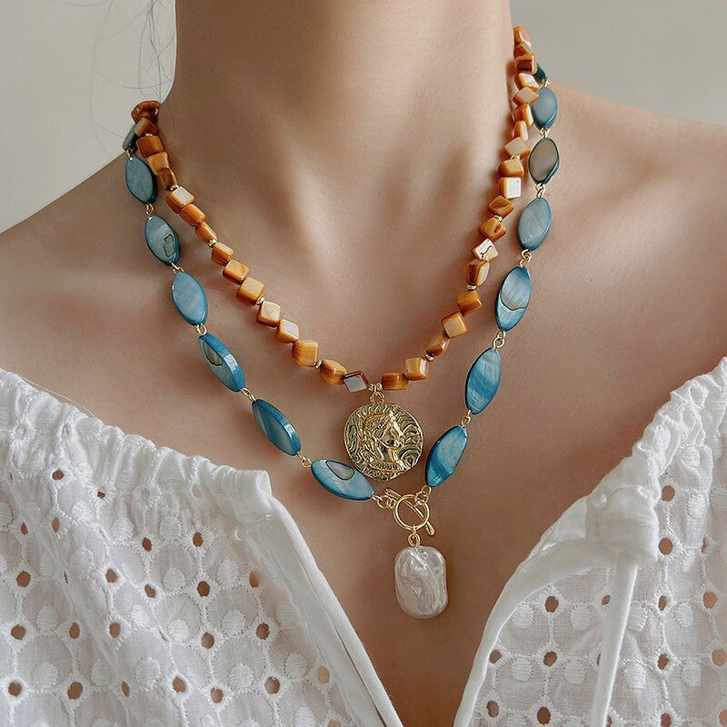 Boho Blue Marbled Oval Bead Necklace