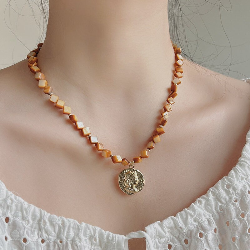 Boho Blue Marbled Oval Bead Necklace