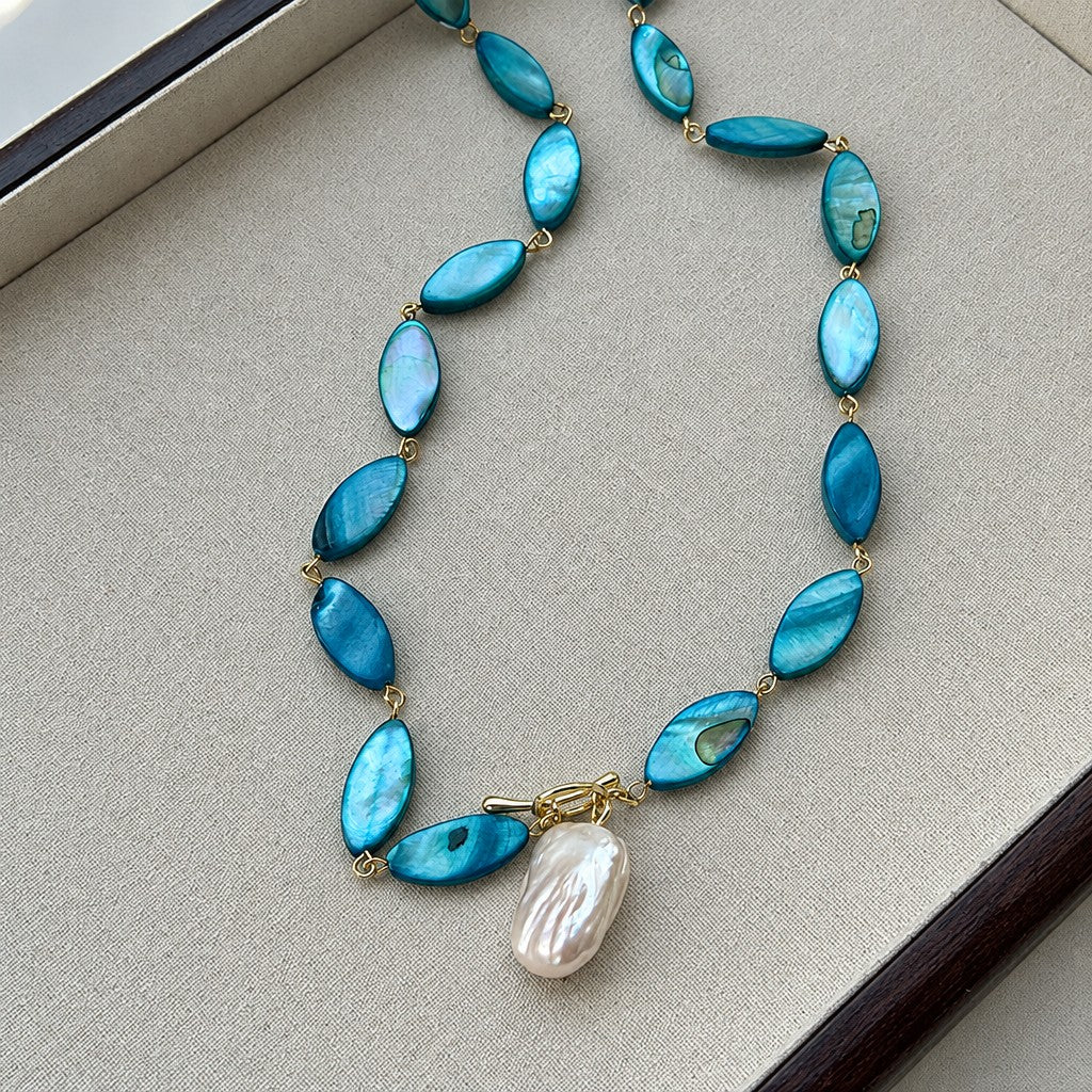 Boho Blue Marbled Oval Bead Necklace