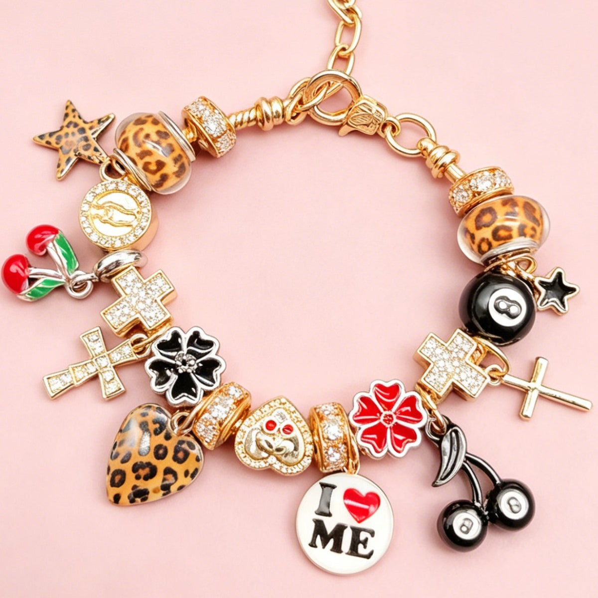Edgy Leopard Print & 8-Ball Charm Bracelet