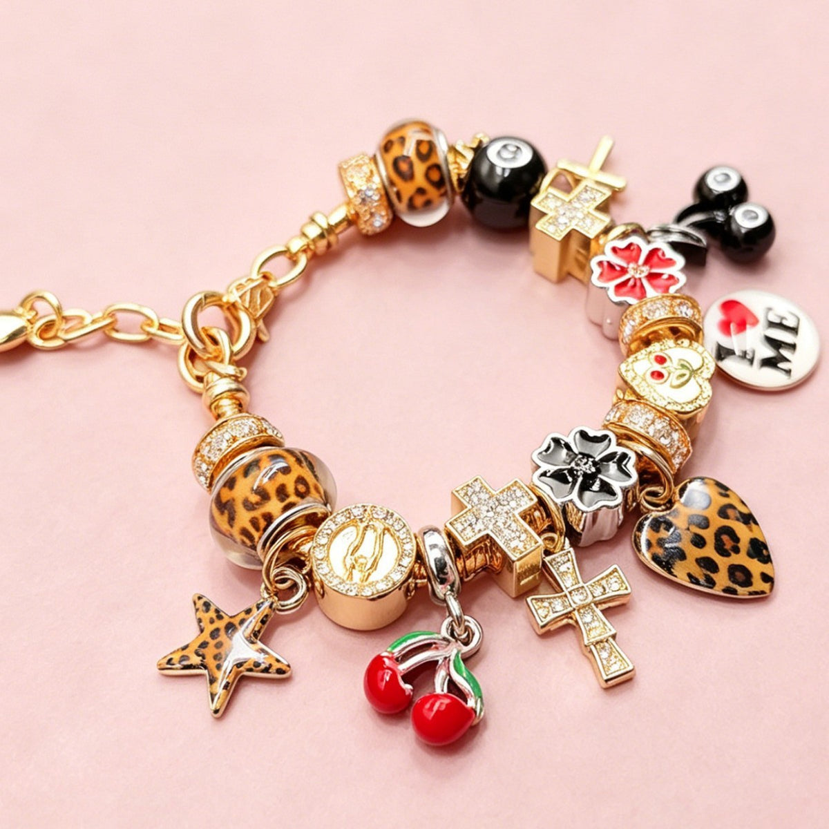 Edgy Leopard Print & 8-Ball Charm Bracelet
