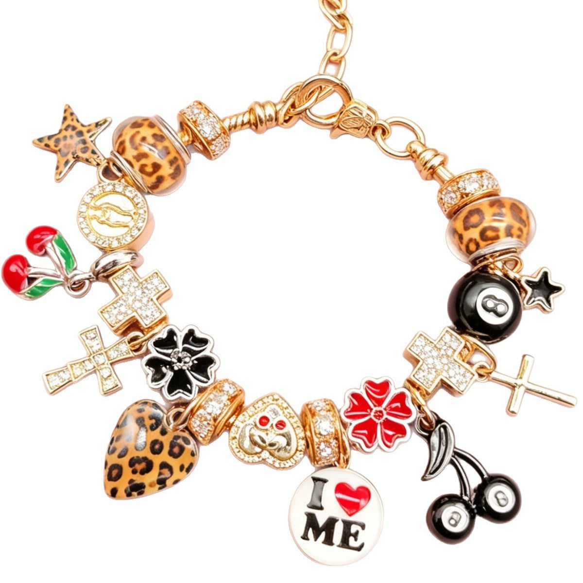 Edgy Leopard Print & 8-Ball Charm Bracelet