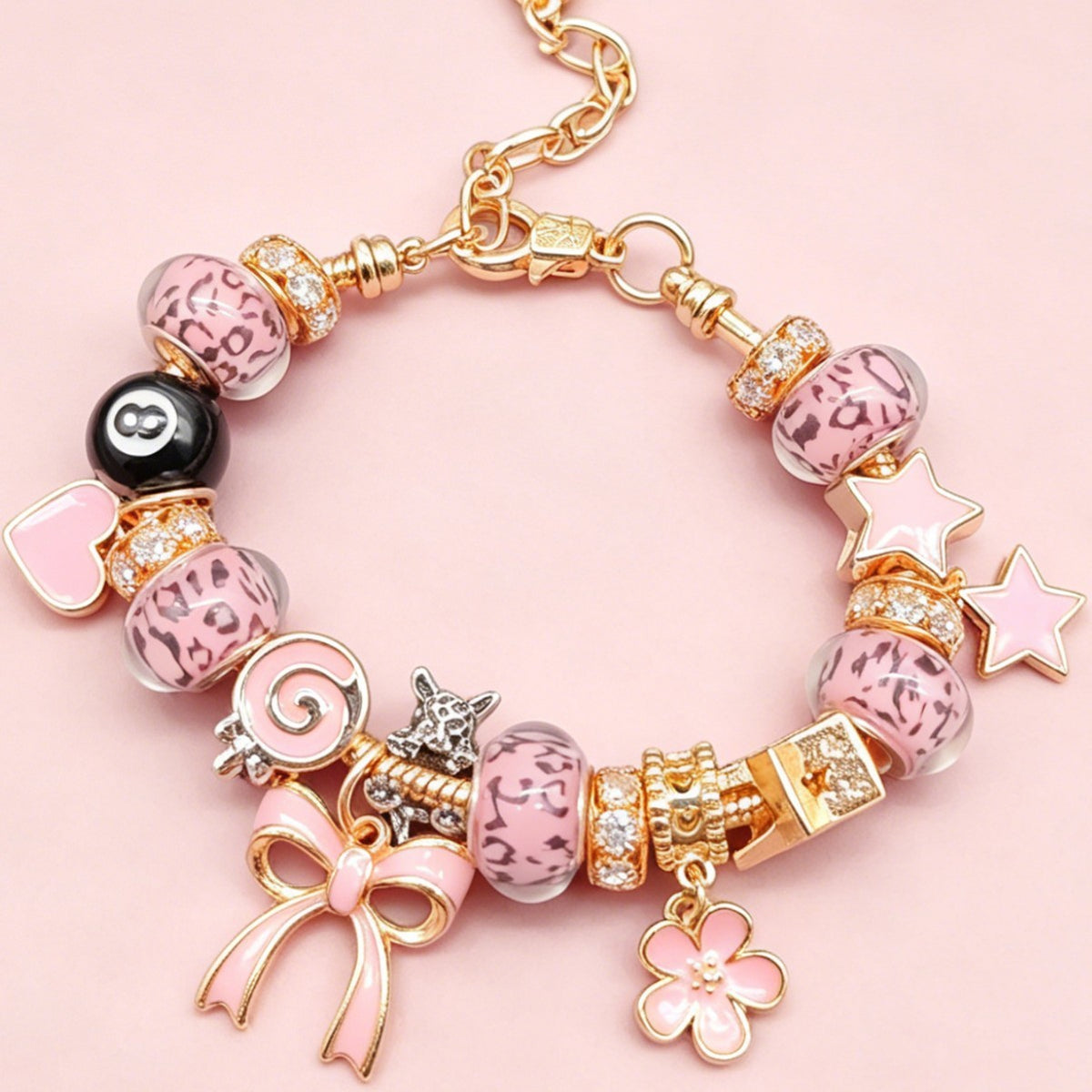 Playful Pink Leopard 8-Ball Charm Bracelet