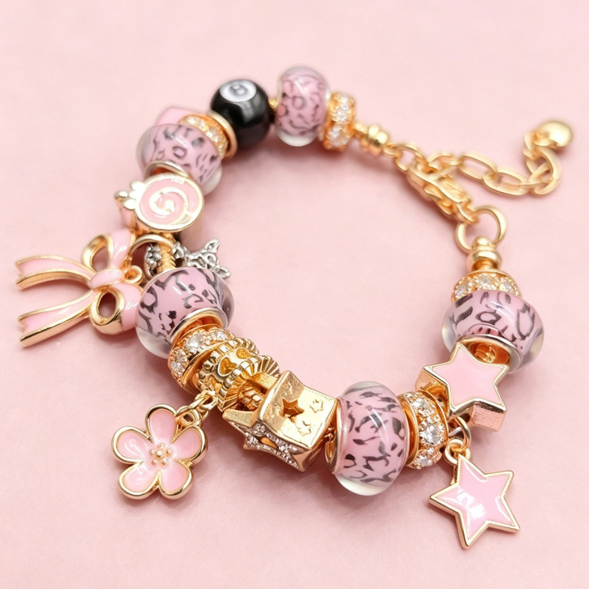 Playful Pink Leopard 8-Ball Charm Bracelet