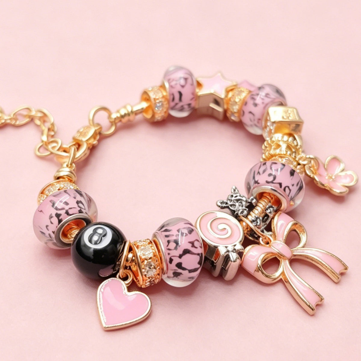 Playful Pink Leopard 8-Ball Charm Bracelet
