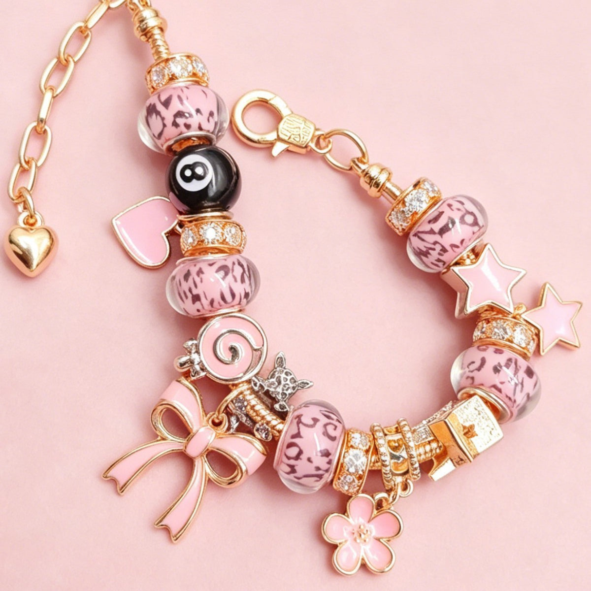 Playful Pink Leopard 8-Ball Charm Bracelet