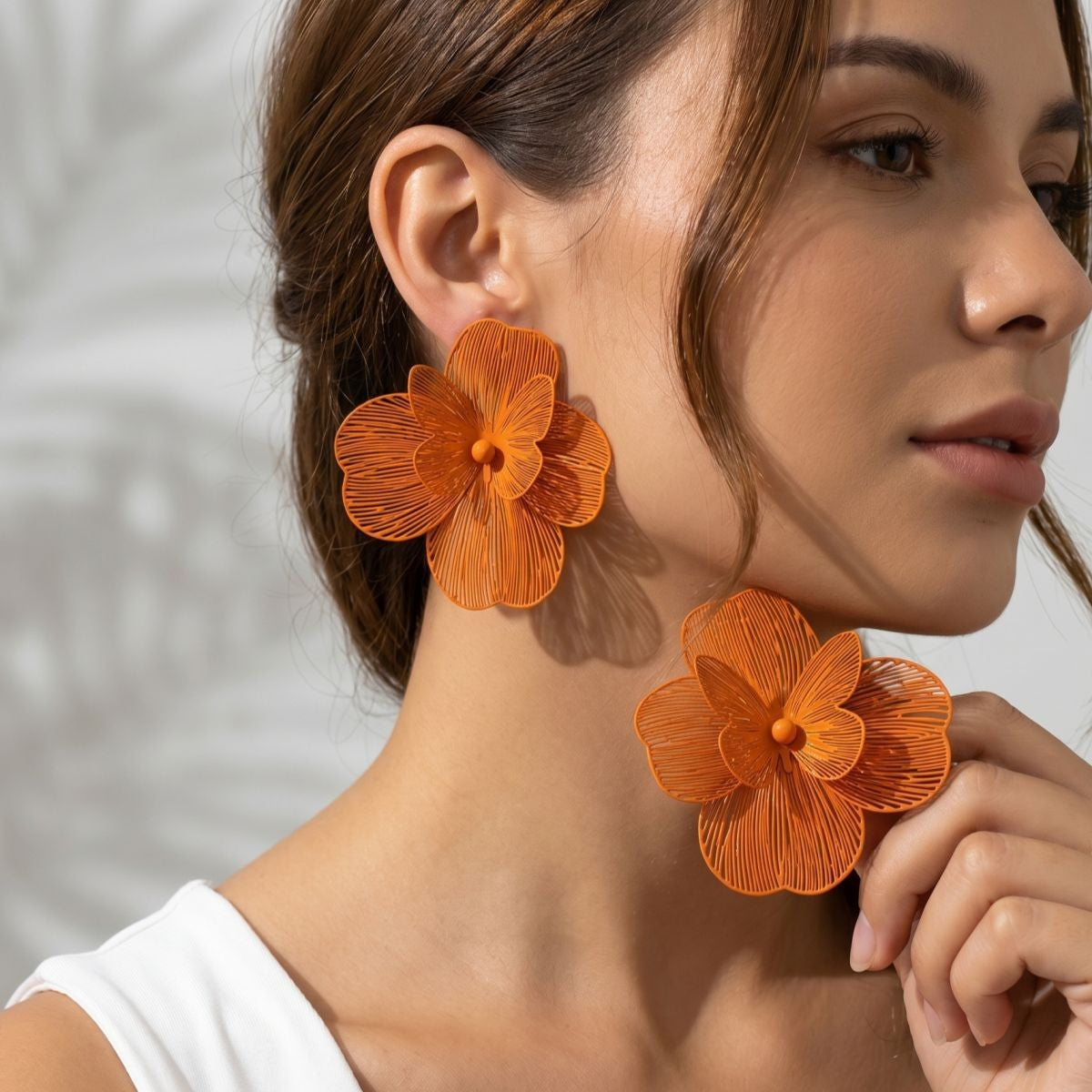 Classy Orange Textured Flower Stud Earrings