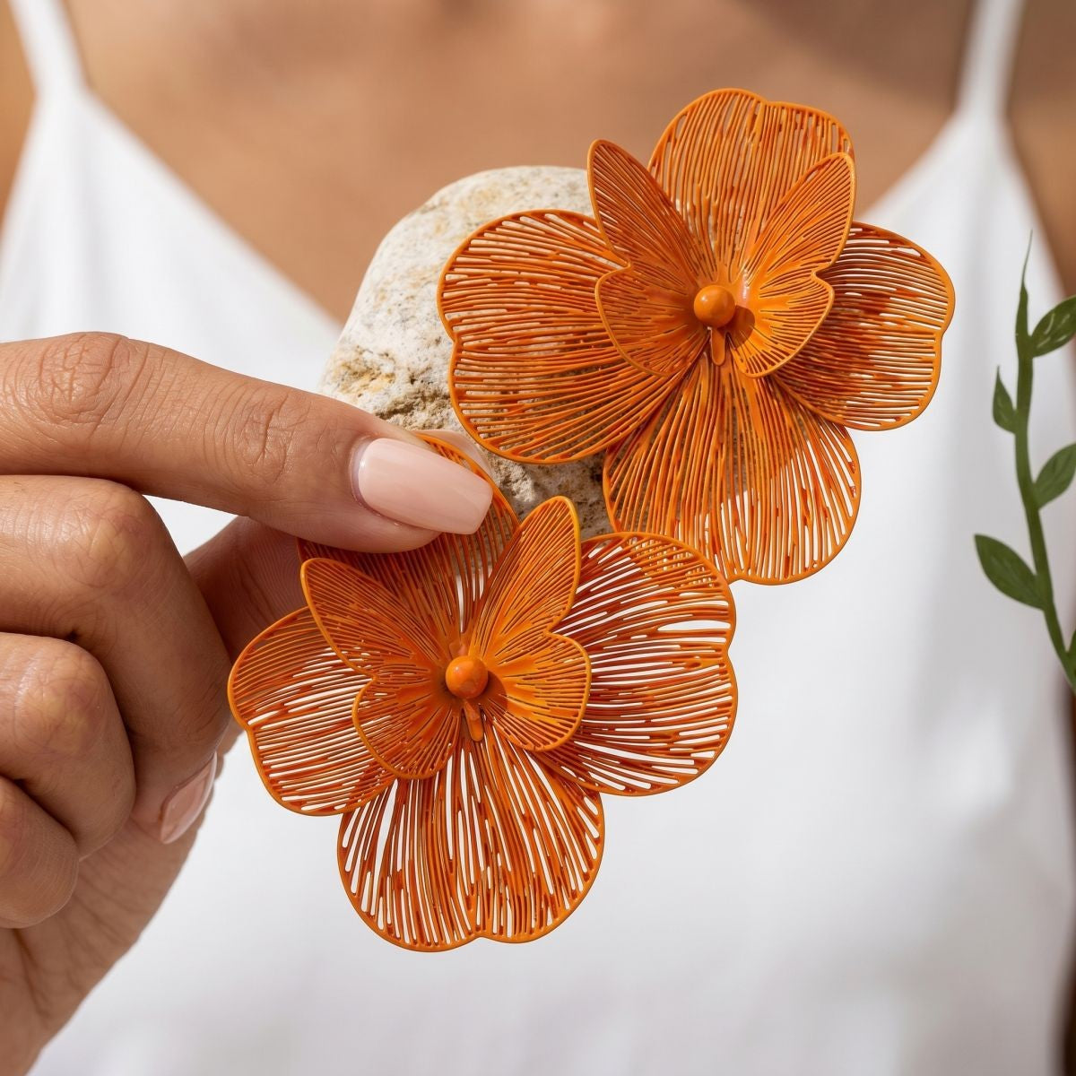 Classy Orange Textured Flower Stud Earrings