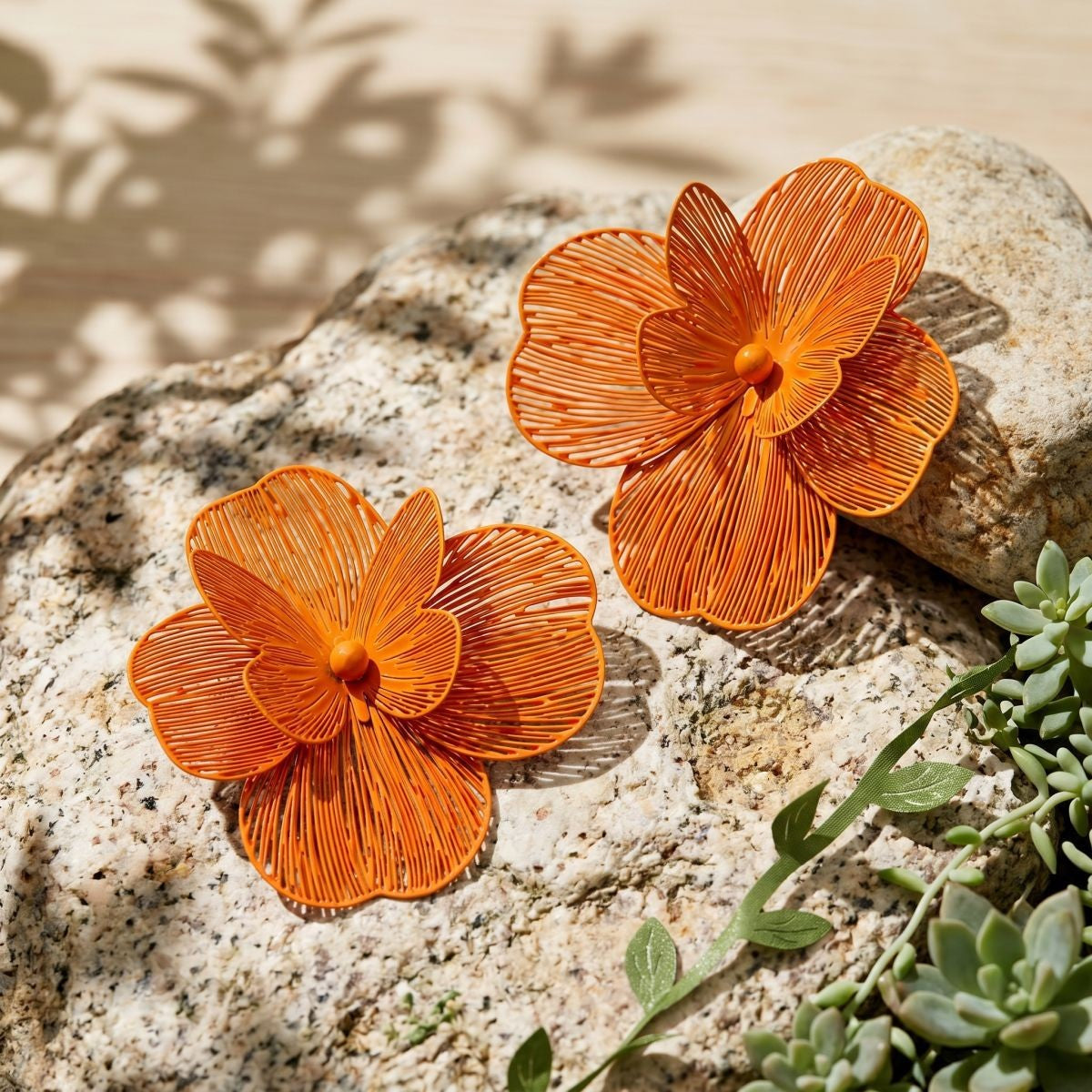 Classy Orange Textured Flower Stud Earrings