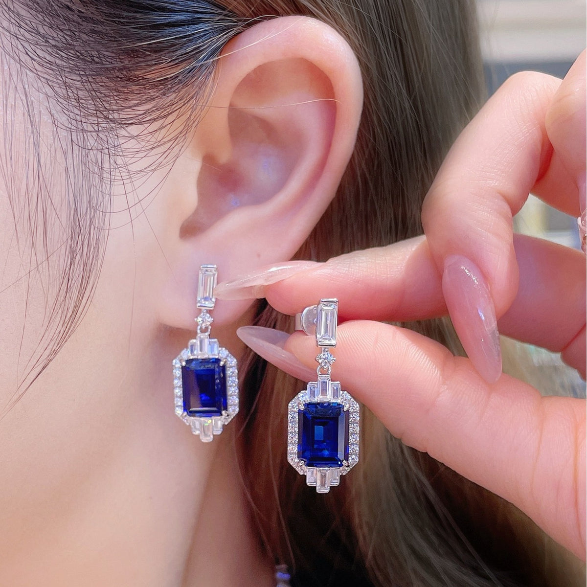 Classy Blue Square Zircon Drop Earrings