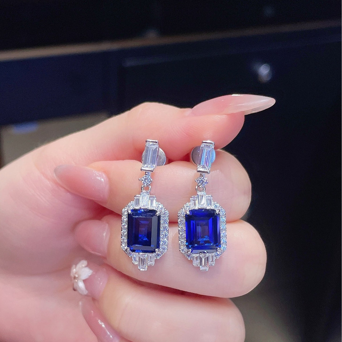 Classy Blue Square Zircon Drop Earrings