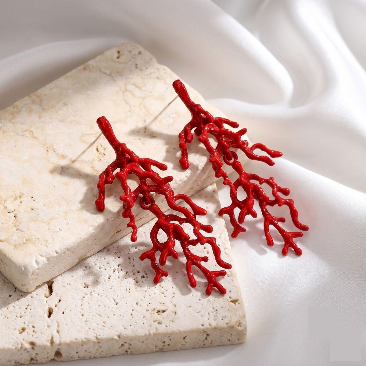 Boho Red Coral Branch Dangle Earrings
