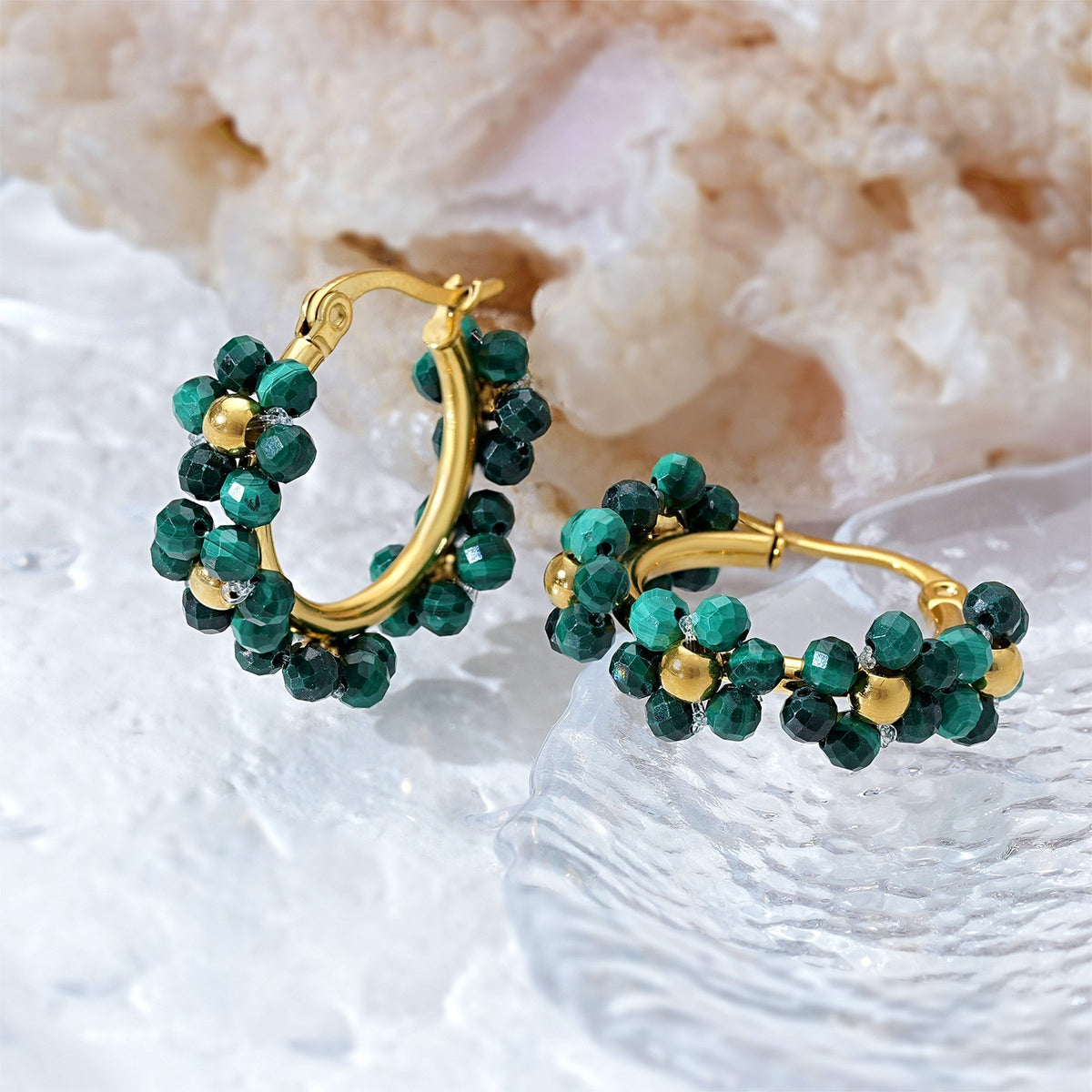 Boho Emerald Beaded Cluster Hoop Earrings