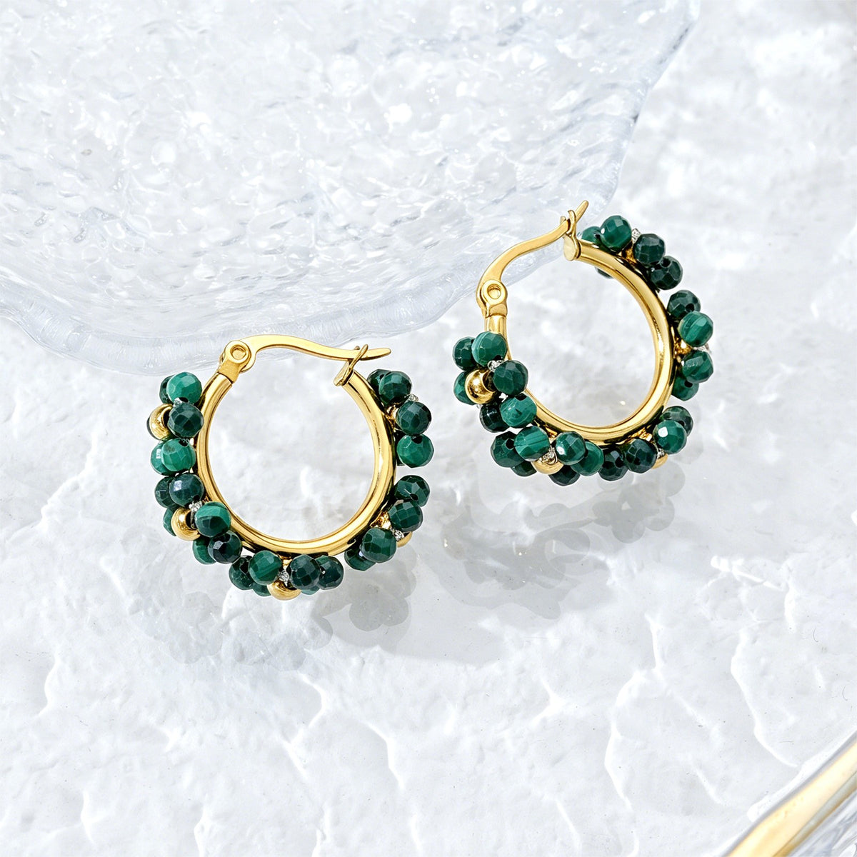Boho Emerald Beaded Cluster Hoop Earrings